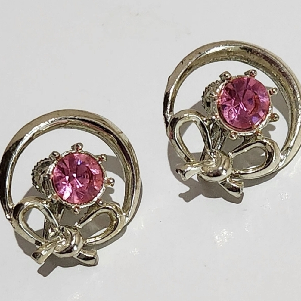 Vintage Pink Bow Silver Tone Earrings